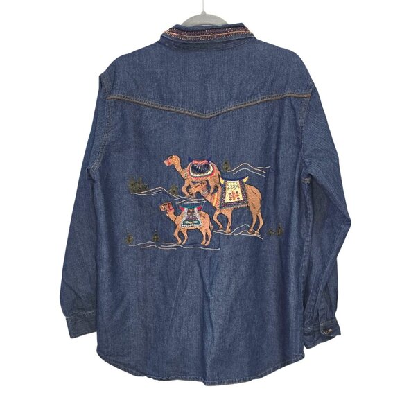 Chico's Design Tops - Chicos Vintage Denim Zip-Up Shirt Embroidered & Beaded Camel &Collar Boho READ